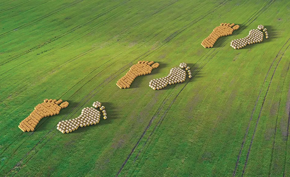 Hay bales form the shapes of feet in a green field